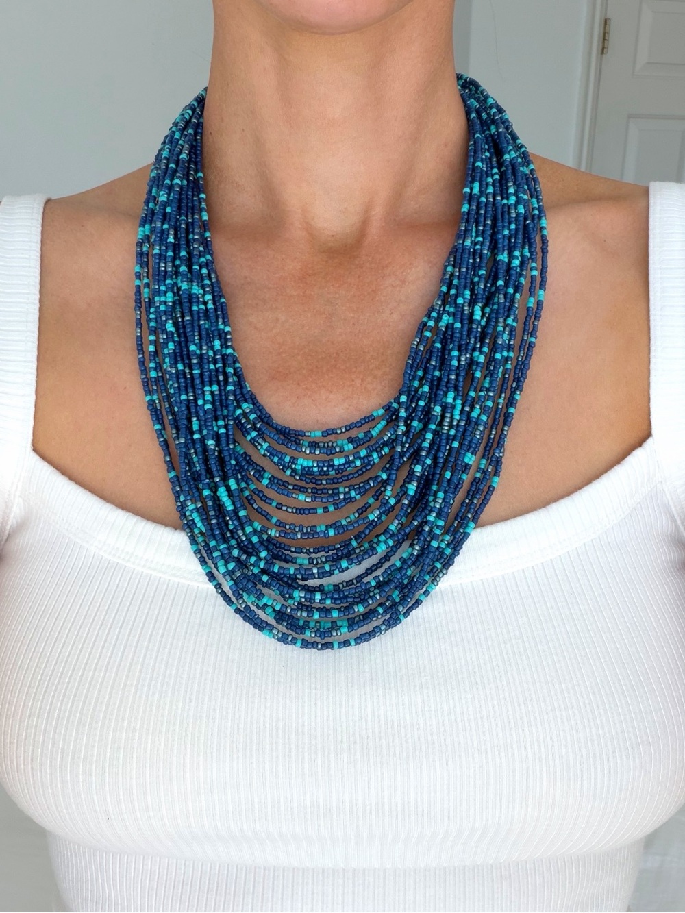 Statement Multi-Strand Blue Seed Beaded Necklace